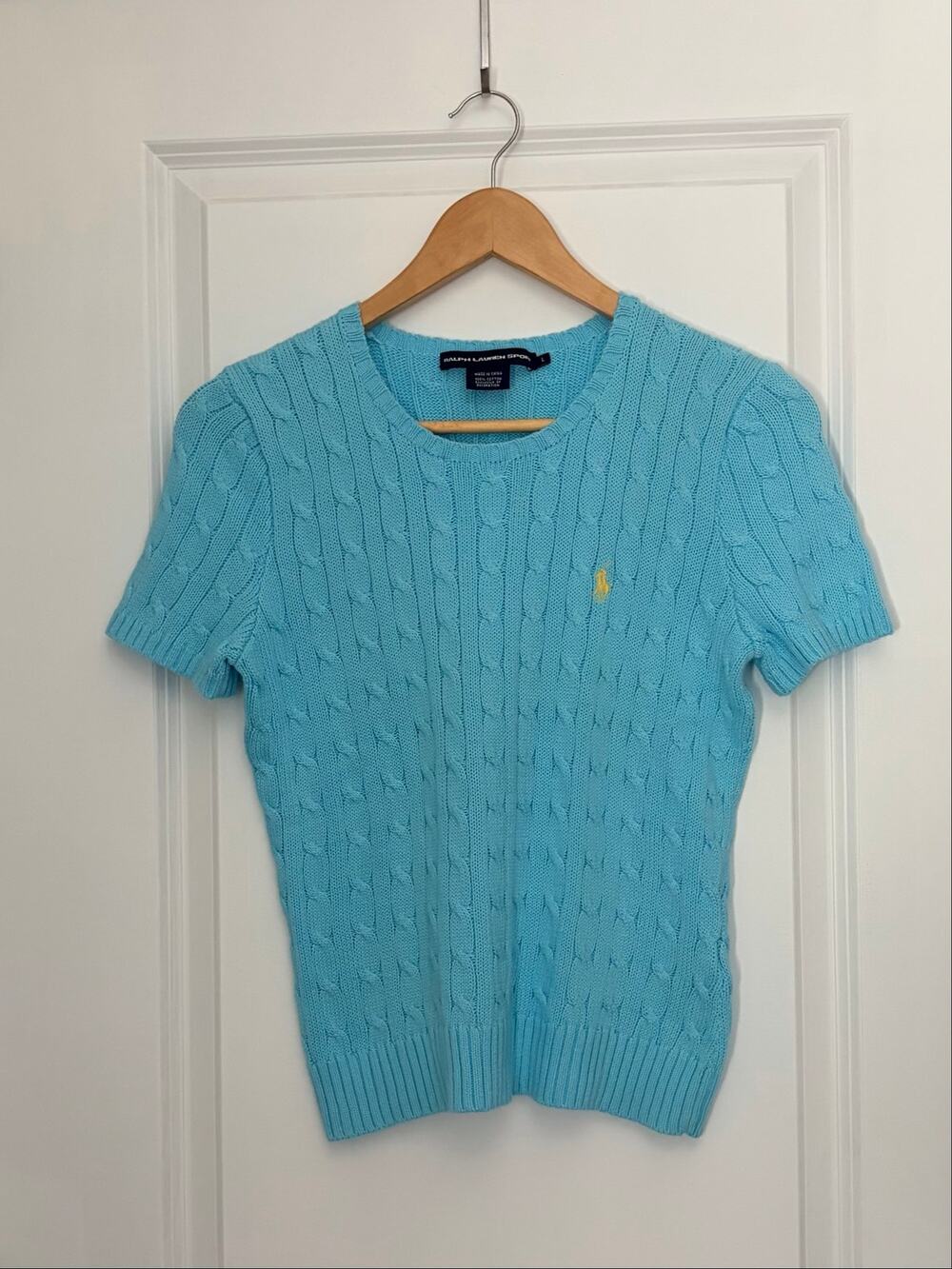 Vintage Ralph Lauren Sport Cable Knit Short Sleeve Sweater Blue Crewneck L